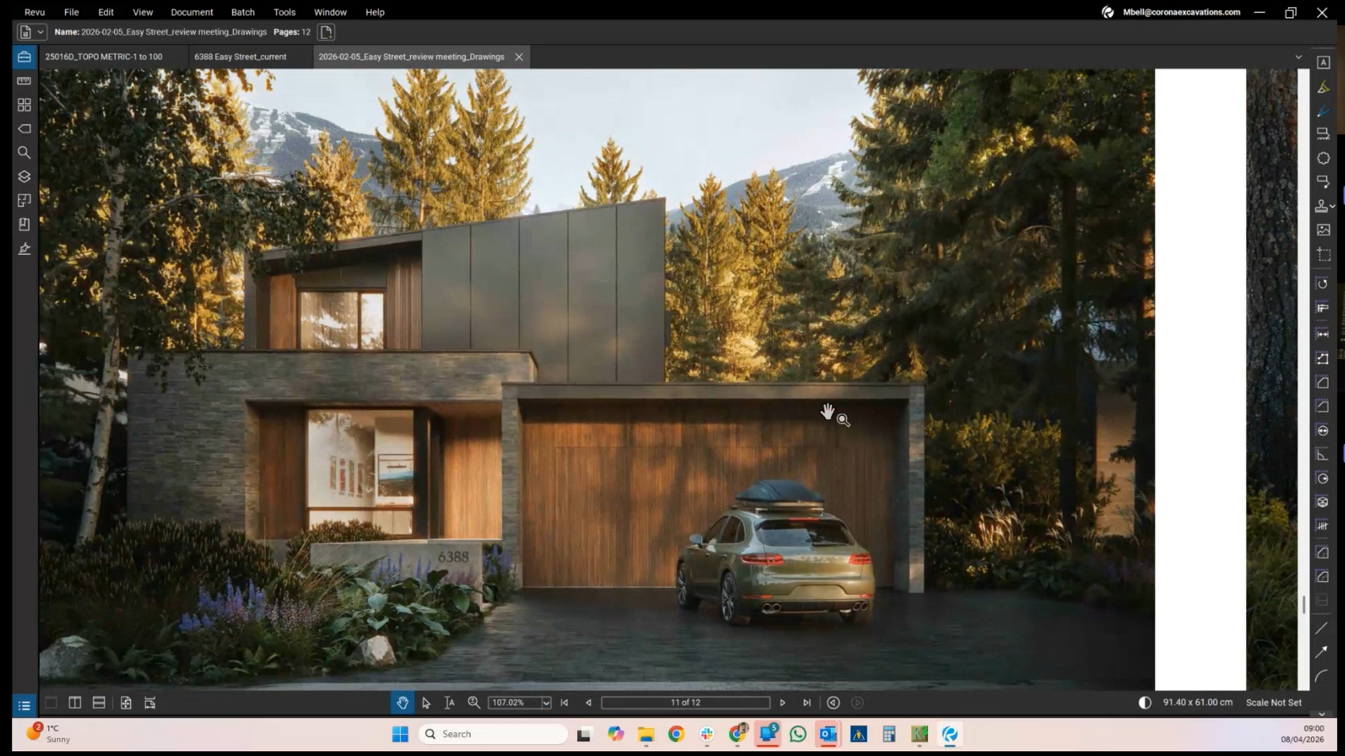 Screen showing rendering of building in third party software. Used to compare to site plan and 3D model